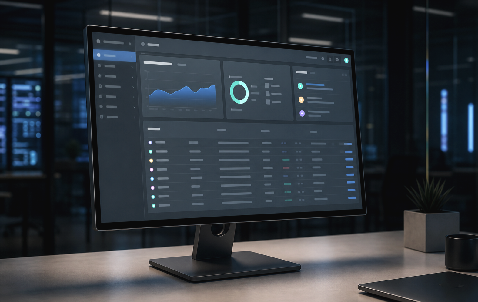 Monitor exibindo um painel de sistema web moderno